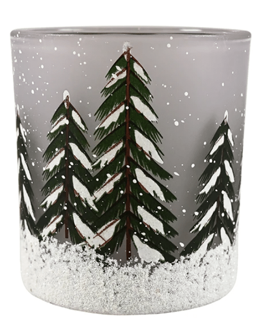 Teelichtglas Teelichthalter aus Glas mit Tannenbäumen und Schnee klein